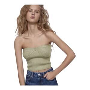 ZARA Sage Green Alpaca Knit Strapless Crop Top Sleeveless Size Medium